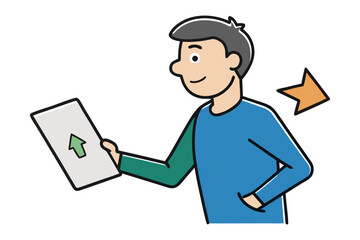 Man holding a tablet displaying an upward arrow with an orange arrow pointing towards his head suggesting an idea or thought