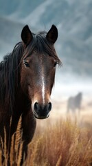 Majestic brown horse standing calmly in a misty mountain field during early morning light
