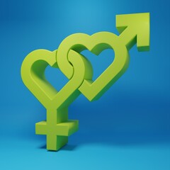 Green Gender icon isolated on blue background. Symbols of men and women. Sex symbol. Minimalism...