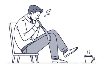 A man in a suit sitting on a chair tying his tie with a cup of coffee nearby ready for his day