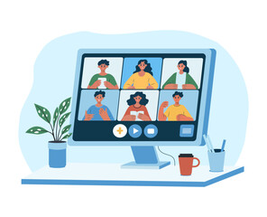 Students are talking to each other on the monitor screen. Video conference, webinar, study online from home. Vector illustration
