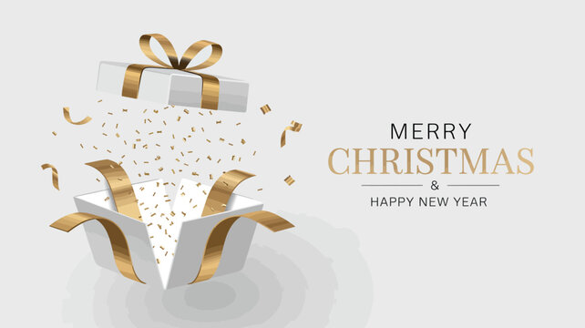 Elegant Christmas and New Year card design featuring open gift box with golden ribbon, confetti burst, and festive holiday wishes - Powered by Adobe