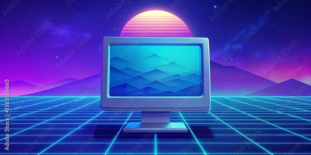 Poster an oldfashioned computer monitor displays a serene mountain landscape, set against a neonlit 80sstyl