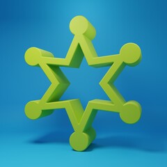 Green Hexagram sheriff icon isolated on blue background. Police badge icon. Minimalism concept. 3D render illustration
