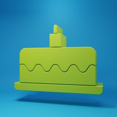 Green Cake with burning candles icon isolated on blue background. Happy Birthday. Minimalism concept. 3D render illustration