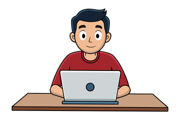Cartoon illustration of a young man with dark hair wearing a red shirt happily working on a laptop computer at a wooden desk