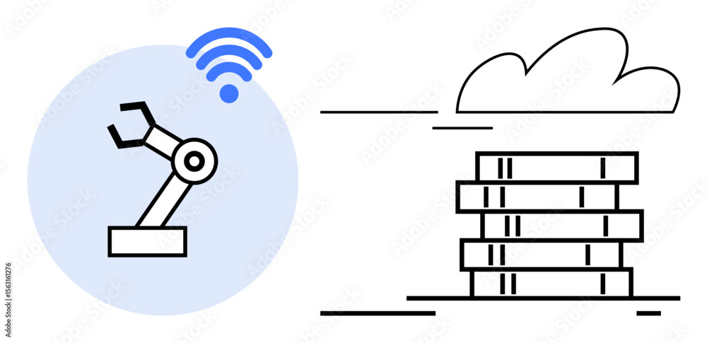 Poster robotic arm with wireless connectivity linked to cloud storage, symbolizing automation, iot, databas
