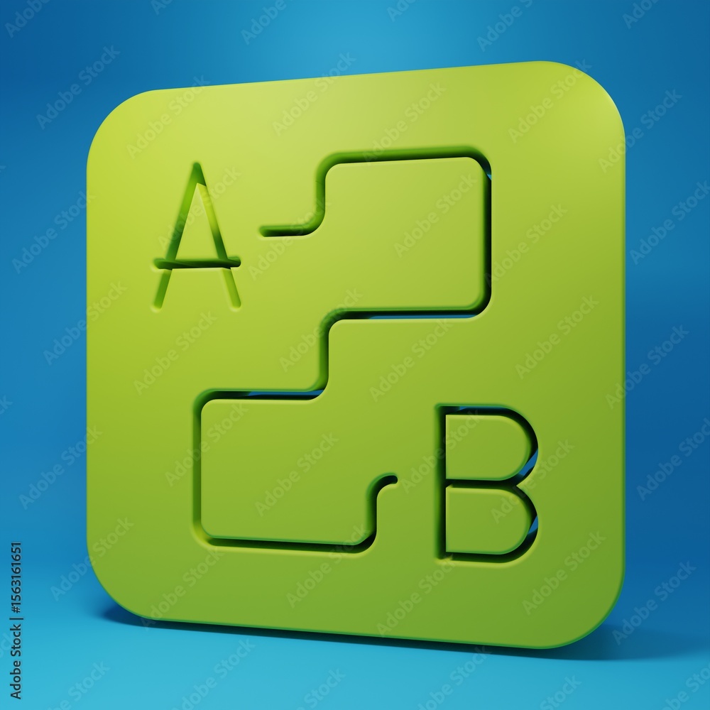 Fototapete Green Route location icon isolated on blue background. Map pointer sign. Concept of path or road. GPS navigator. Minimalism concept. 3D render illustration