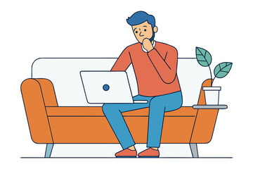 A thoughtful man wearing a red sweater and blue pants sits on an orange couch using a laptop with a plant nearby