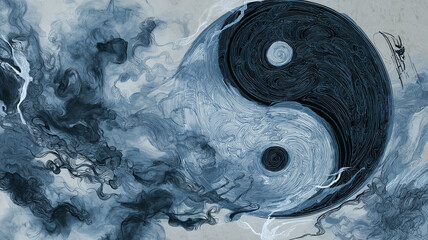 Swirling Tai Chi vortex rendered in traditional style, featuring dynamic yin yang symbol with intricate patterns and flowing smoke like elements, creating sense of balance and harmony