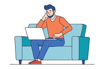 A man with blue hair and beard wearing an orange sweater and blue pants sits on a teal couch using a laptop