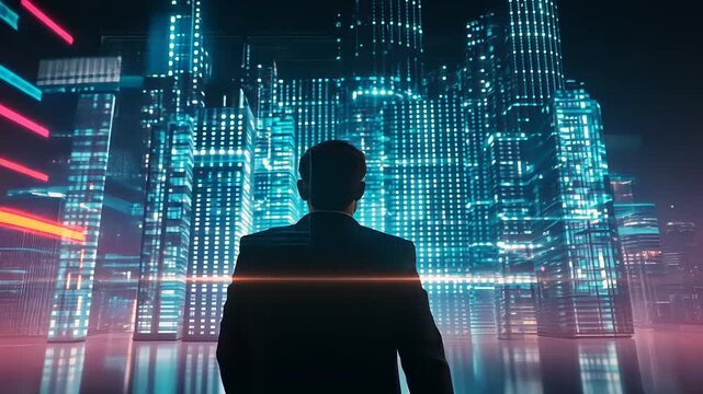 Business professional observing futuristic cityscape with digital data displays in the background - Powered by Adobe
