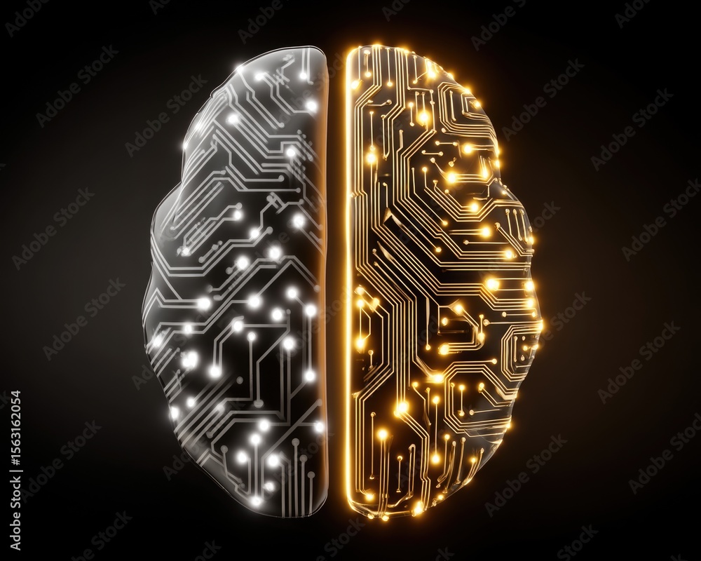 Poster artificial ligence is represented by a brain illustration split with circuit boards, one side illumi