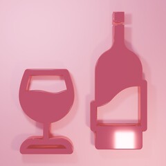 Pink Wine bottle with glass icon isolated on pink background. Minimalism concept. 3D render illustration