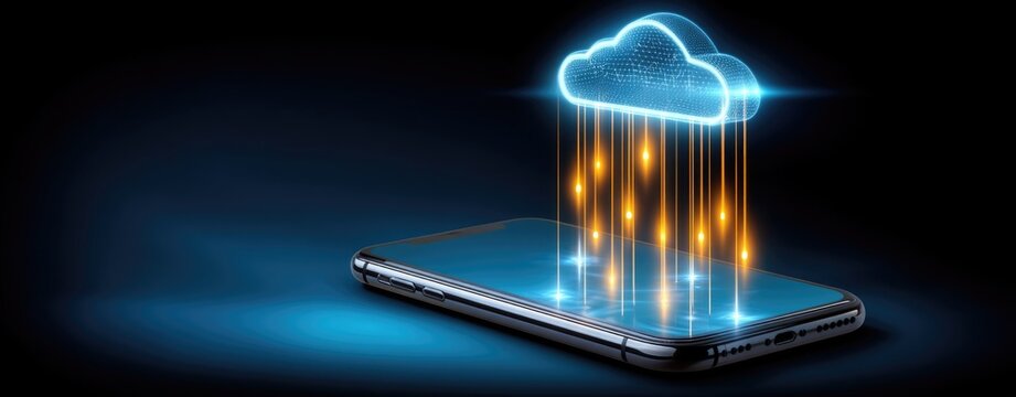 Glowing cloud symbol sends data streams to a modern smartphone, illustrating cloud computing and data transfer in a clean, dark digital environment.