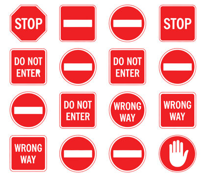 Collection of Red Traffic Signs Featuring Stop, Do Not Enter, Wrong Way, and Hand Symbol for Visual Road Safety and Traffic Regulation