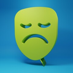 Green Drama theatrical mask icon isolated on blue background. Minimalism concept. 3D render illustration