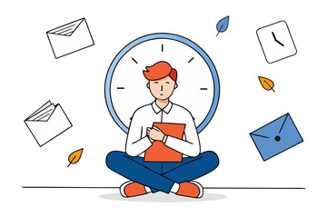 Young man in lotus position with book in front of a large clock surrounded by floating envelopes and autumn leaves