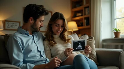 Expecting parents joyfully share baby ultrasound together on cozy couch in their living room. - Powered by Adobe