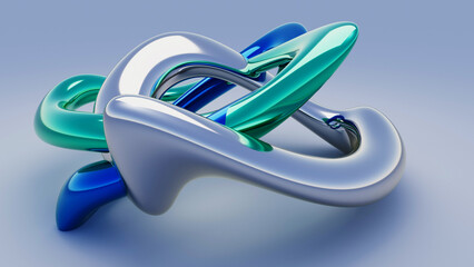 Fluid liquid chrome and blue shapes abstract background. 3d illustration contemporary art