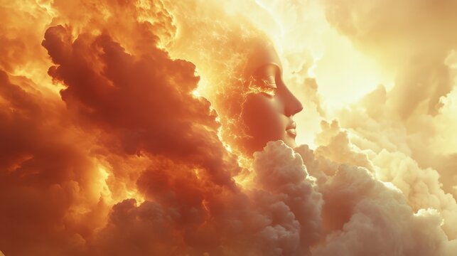 Cinematic, Dynamic Shot of gaint Buddha merging from thick clouds