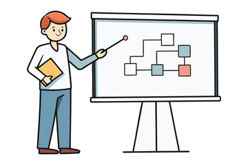 Friendly presenter explains flowchart on whiteboard with pointer stick and folder