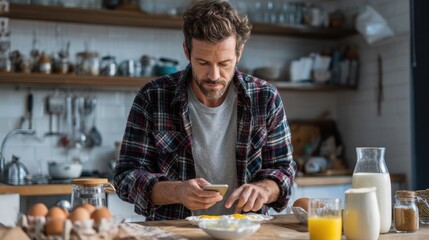 Man in flannel shirt holds smartphone taking a photo of cooked eggs in kitchen while prepa breakfast with a glass of orange juice and jug of milk nearby.