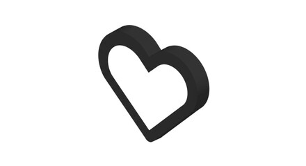 A three-dimensional black heart shape isolated against a white background, angled slightly.