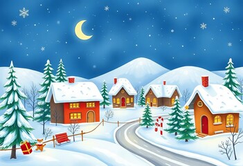 Fototapeta premium Charming hand-drawn winter scene with whimsical snow-covered houses, trees, and festive elements, horizontal, repeat