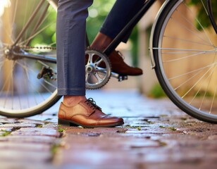 Detail of Leather Shoes and Bicycle Pedal on a Cobblestone Street