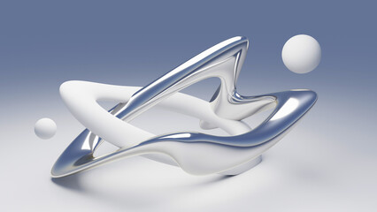 Fluid liquid silver white shapes and spheres abstract background. 3d illustration contemporary art