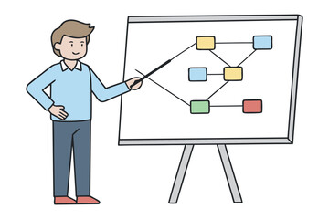 Man in light blue shirt and dark pants presenting a colorful flowchart diagram on a whiteboard easel with a pointer stick