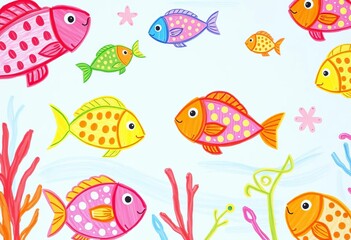 Fototapeta premium Cute crayon-drawn fish doodles, whimsical sea creatures, kids' background, sketch, graphic