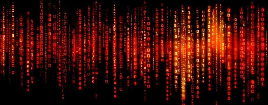 A vivid display of cascading red binary code descends against a stark black backdrop, suggesting themes of technology, data, and digital information flow, 150