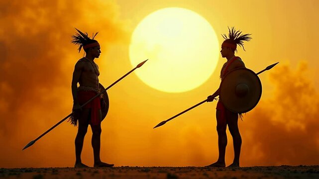 Zulu warriors engage in fierce duel at sunset amidst the golden hour