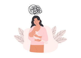 Mother experiencing stress and emotional overwhelm while breastfeeding her newborn. Baby blues and postpartum adjustment challenges. Flat Style Vector Illustration isolated on white background.