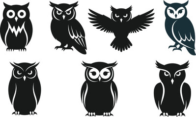 Owl vector illustration set, silhouette bird, night predator, animal icon