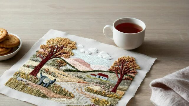 Hand-stitched landscape embroidery art with cup of tea and cookies
