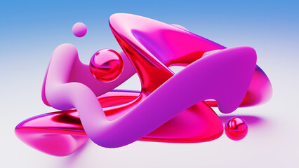 Fluid liquid chrome pink shapes and spheres abstract background. 3d illustration contemporary art