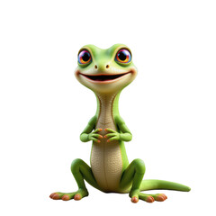 Naklejka premium Cheerful Green Cartoon Gecko Smiling with Hands Clasped in Friendly Pose Against a White Background