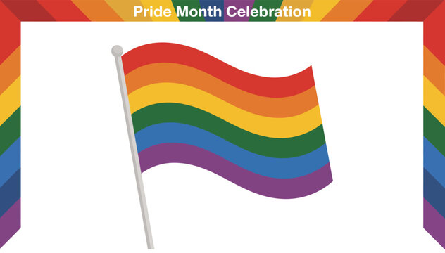 pride month celebration featuring rainbow flag on white background with colorful border, representing love, equality, and inclusion