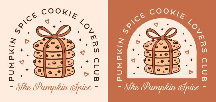 Pumpkin spice cookies lovers club thanksgiving flavor treats cookie stack with bow cute fall season illustration. Coquette girly preppy retro cozy aesthetic text label poster print girl shirt design.