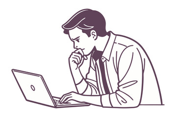 Focused business professional deep in thought while working on a laptop computer illustrating concentration and problem solving