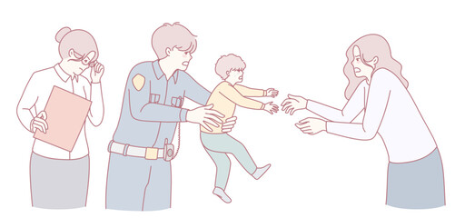 This is a visual representation of a complex child custody situation with parents and a police officer involved
