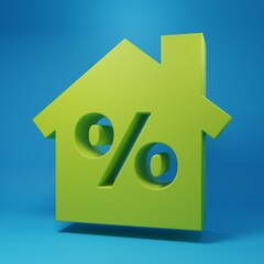 Green House with percant discount tag icon isolated on blue background. Real estate home. Credit percentage symbol. Minimalism concept. 3D render illustration