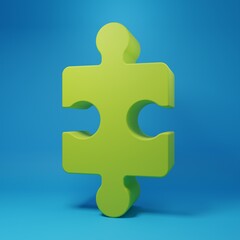 Obraz premium Green Piece of puzzle icon isolated on blue background. Business, marketing, finance, layout, infographics, internet concept. Minimalism concept. 3D render illustration