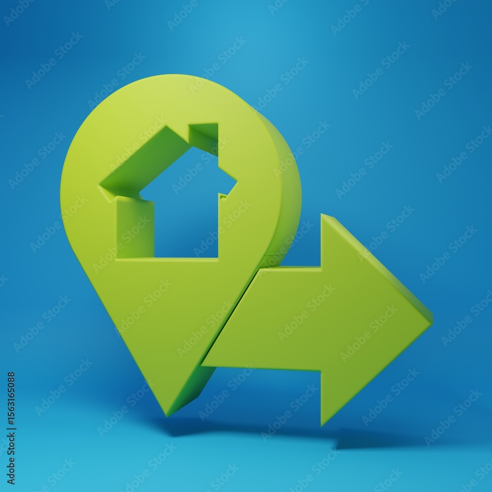Poster green map pointer with house icon isolated on blue background. home location marker symbol. minimali