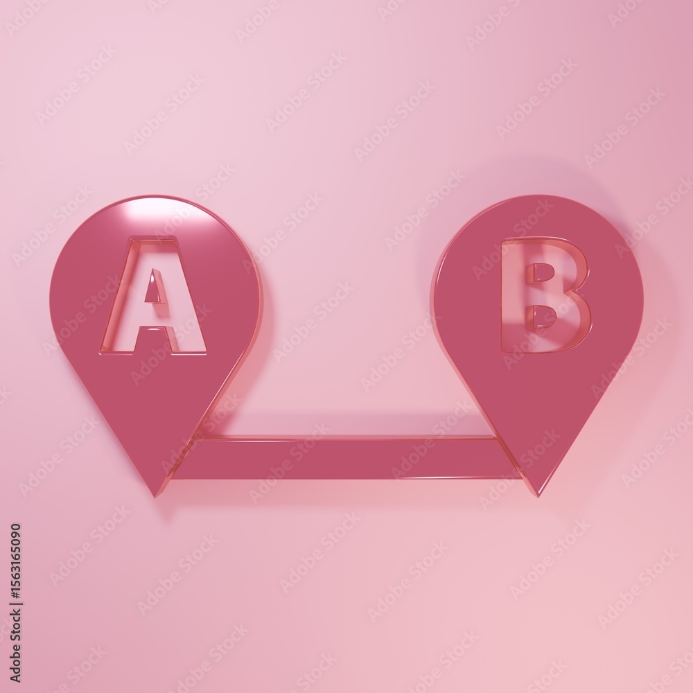 Fototapete Pink Route location icon isolated on pink background. Map pointer sign. Concept of path or road. GPS navigator. Minimalism concept. 3D render illustration