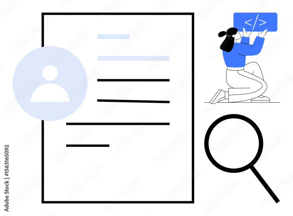 Poster user profile document, coding woman with programming skills, and magnifier lens focus. ideal for rec