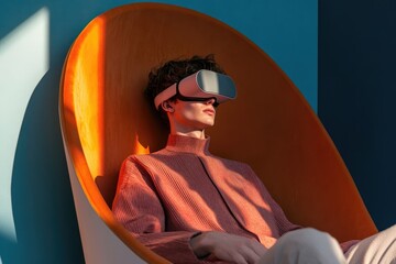 Young man wearing VR headset, relaxing in an orange chair, enjoying immersive virtual reality experience.